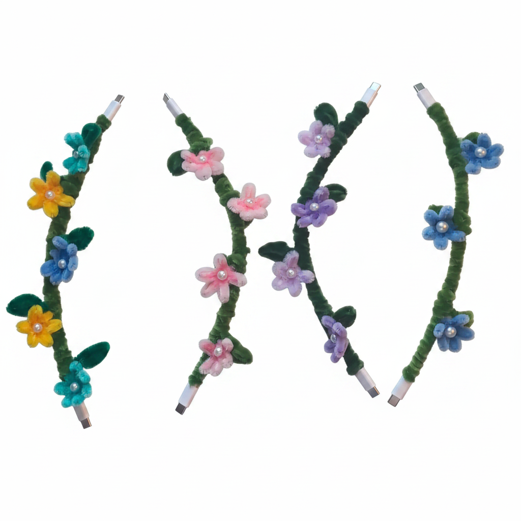 1st Cord
5 flowers 
Cord: Green 24
Flowers: Yellow 15, blue 11
green not listed

2nd Cord
4 flowers 
Cord: Green 24
Flowers: Pink 5 with shading

3rd Cord
4 flowers 
Cord: Green 23
Flowers: Purple 6 with shading

4th Cord
3 flowers 
Cord: Green 24
Flowers: Blue 11 with shading