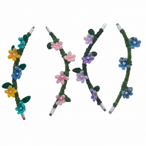 1st Cord
5 flowers 
Cord: Green 24
Flowers: Yellow 15, blue 11
green not listed

2nd Cord
4 flowers 
Cord: Green 24
Flowers: Pink 5 with shading

3rd Cord
4 flowers 
Cord: Green 23
Flowers: Purple 6 with shading

4th Cord
3 flowers 
Cord: Green 24
Flowers: Blue 11 with shading